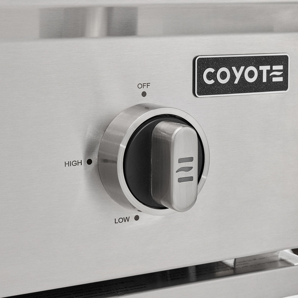 Coyote stainless steel gas grill temperature control knob with off and high/low markings