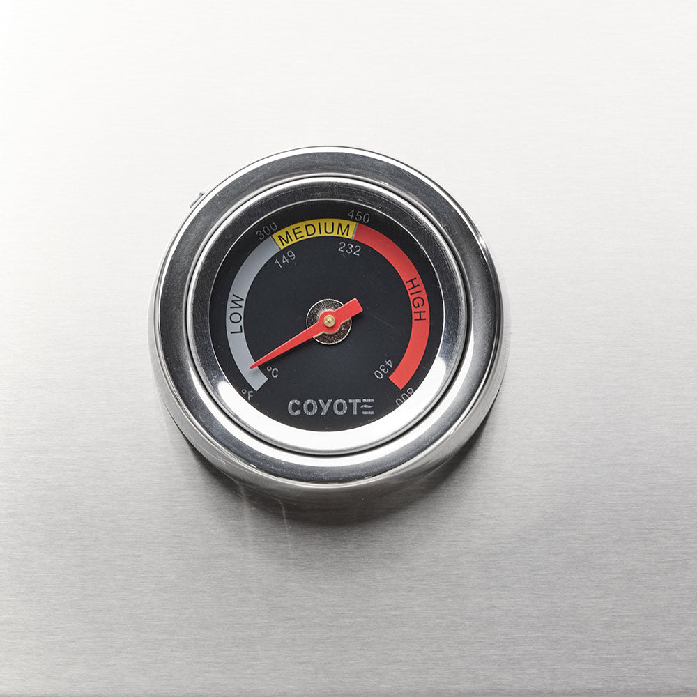 Stainless steel gas grill analog temperature gauge with red and black heat markings