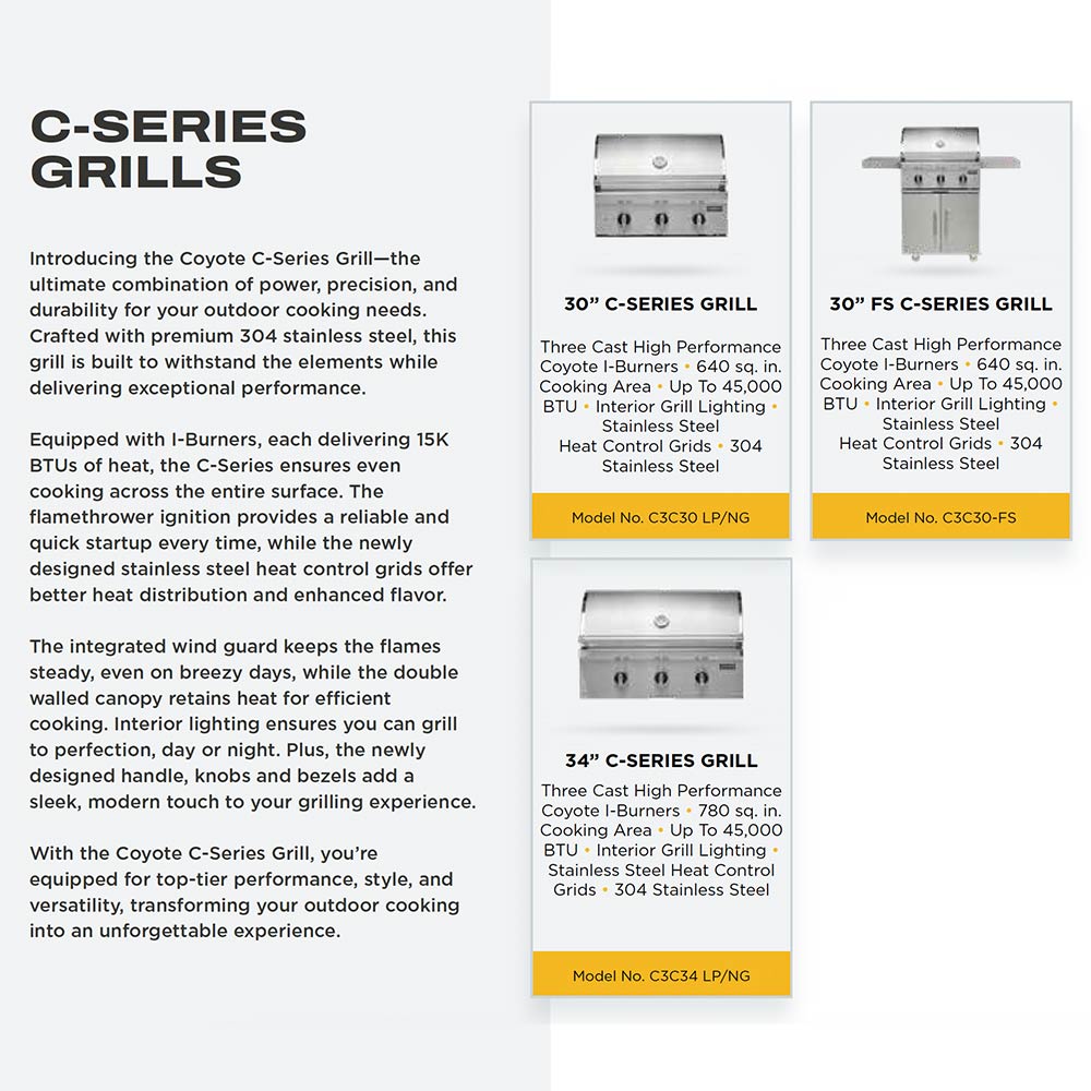 C-Series grills brochure page featuring stainless steel grill photos and specifications