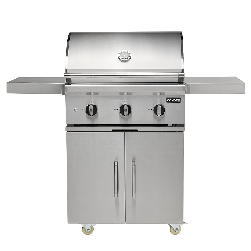 Stainless steel freestanding gas grill with three control knobs and cabinet doors