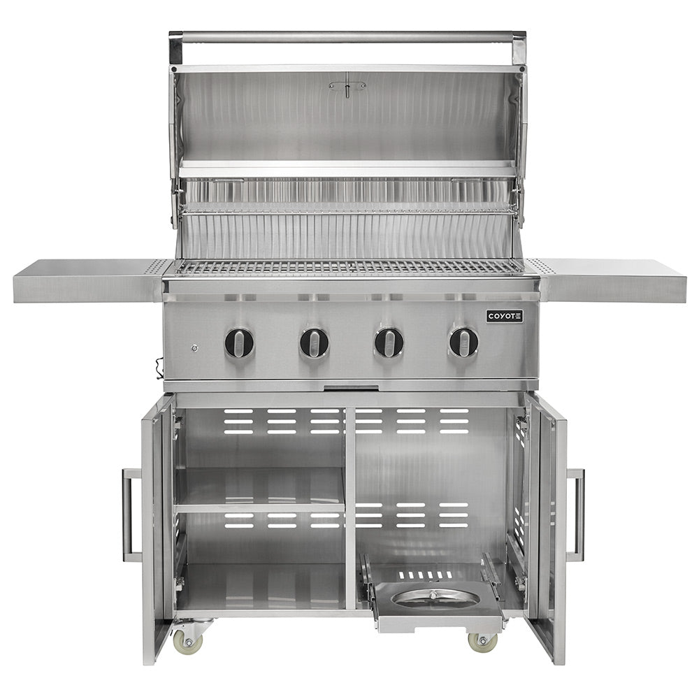 Stainless steel gas grill with open lid and internal burners, warming rack