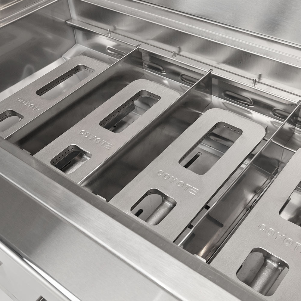 Stainless steel gas grill firebox with multiple burners and cooking support bars