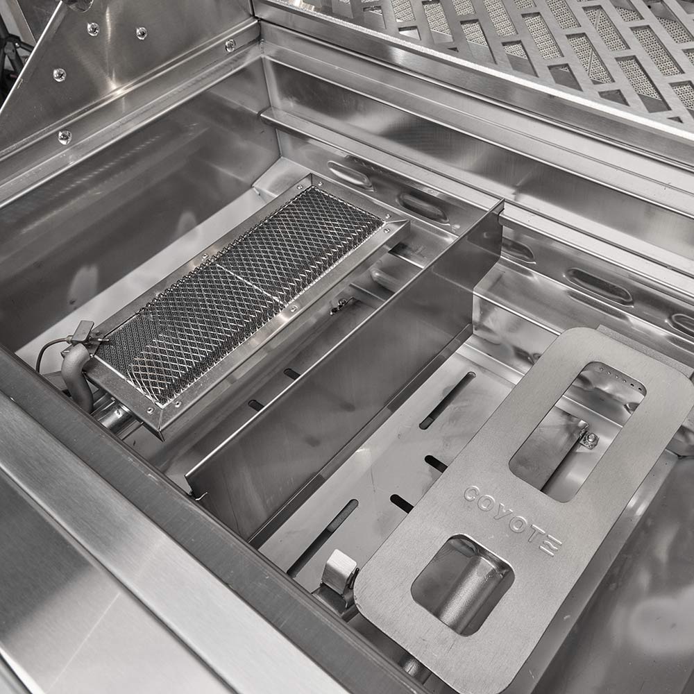Stainless steel open grill with wire warming racks and burner area