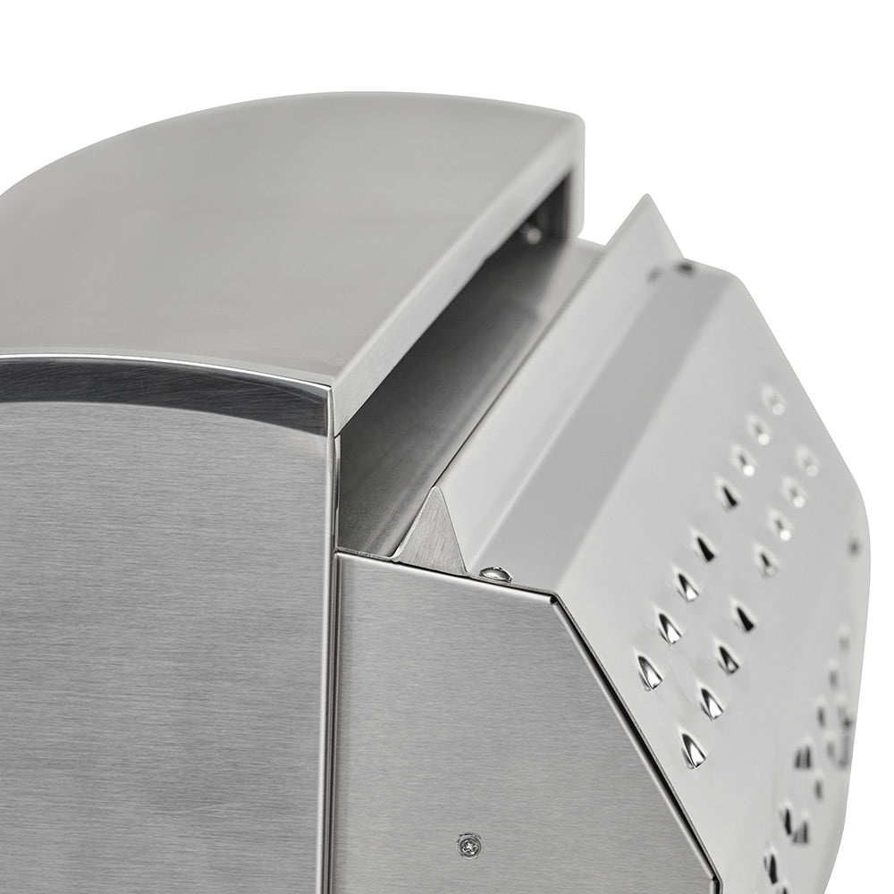 Stainless steel grill side panel with perforated vent and lid edge