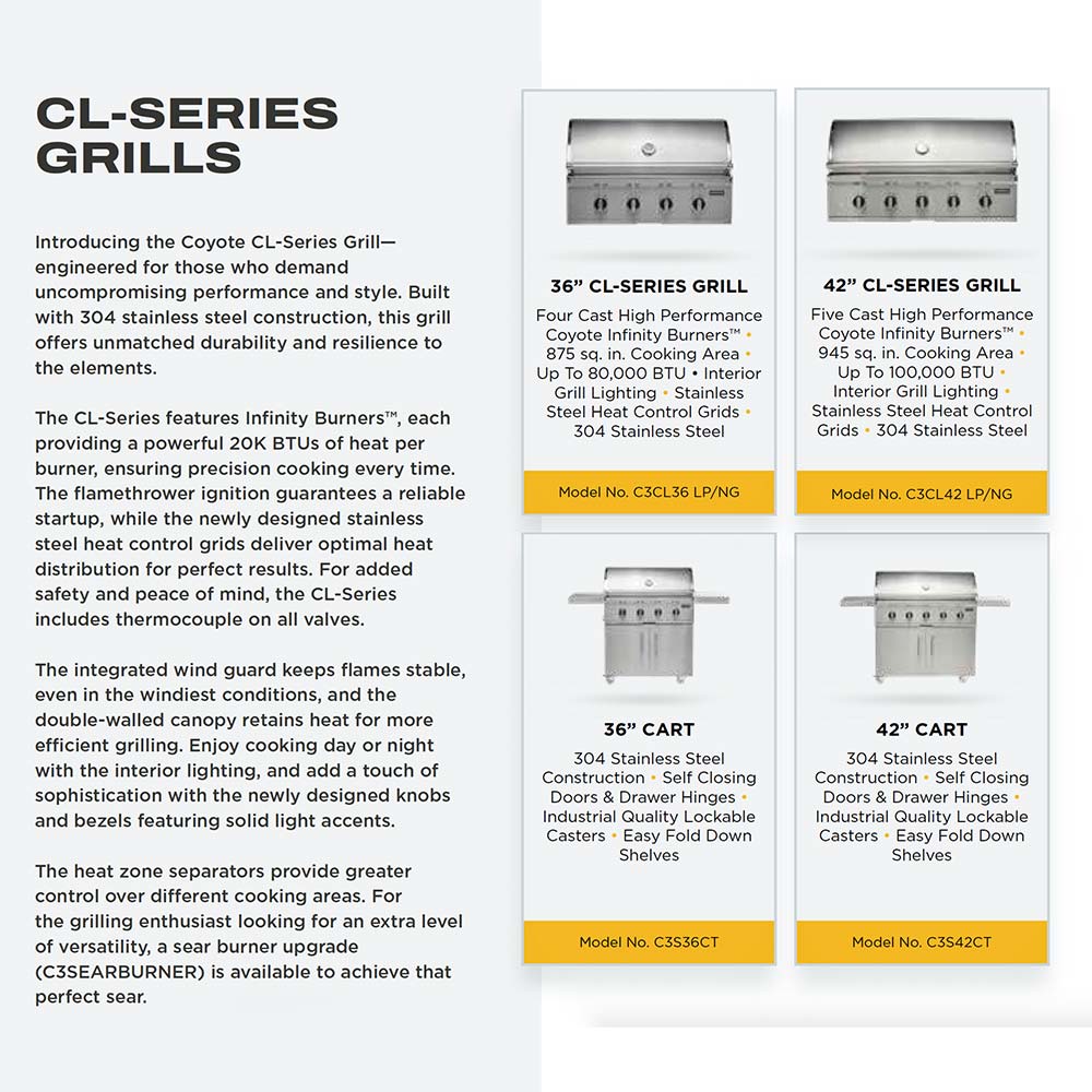 CL-Series grills chart comparing Coyote 36 and 42 inch gas grill models
