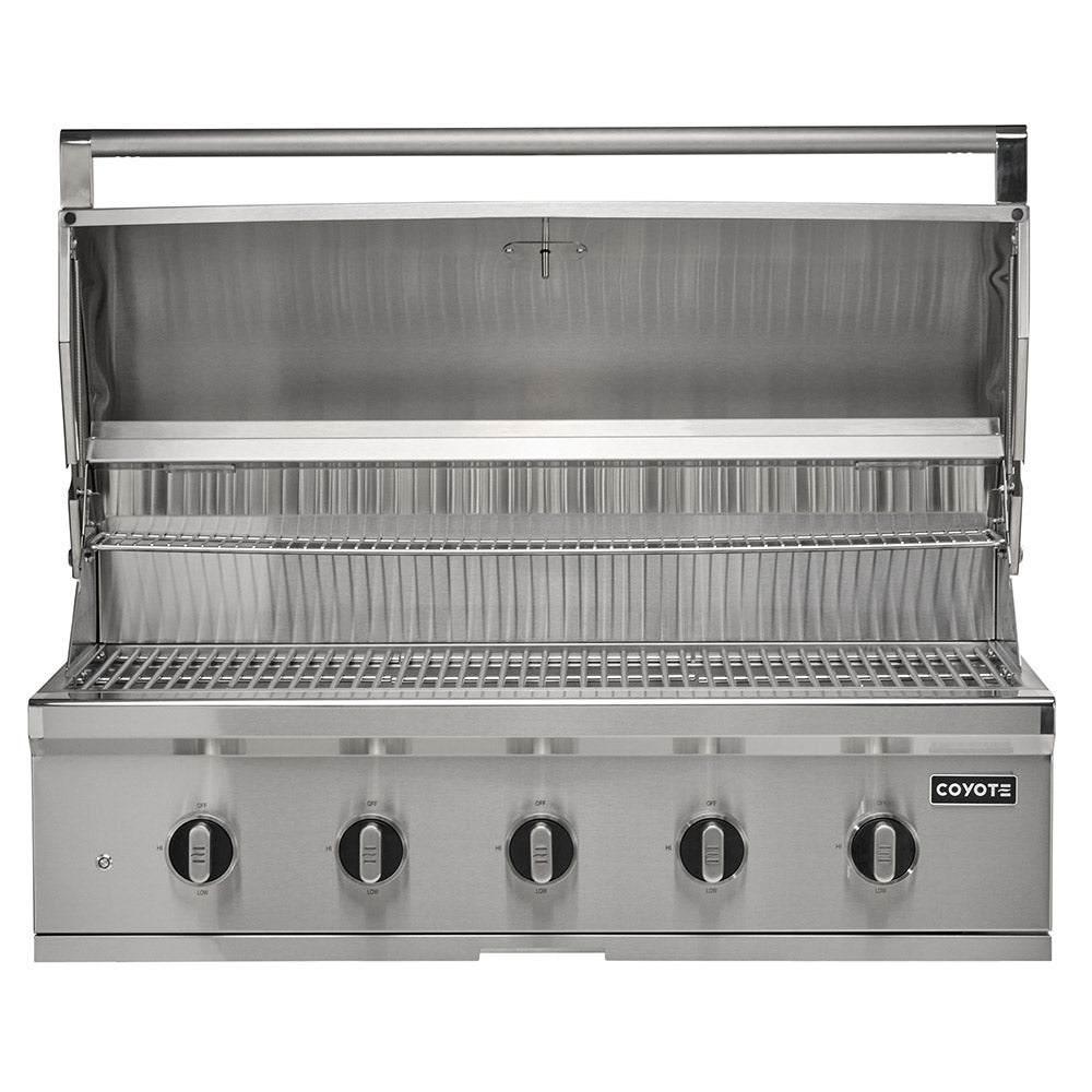 Stainless steel built-in gas grill with open hood and cooking grates