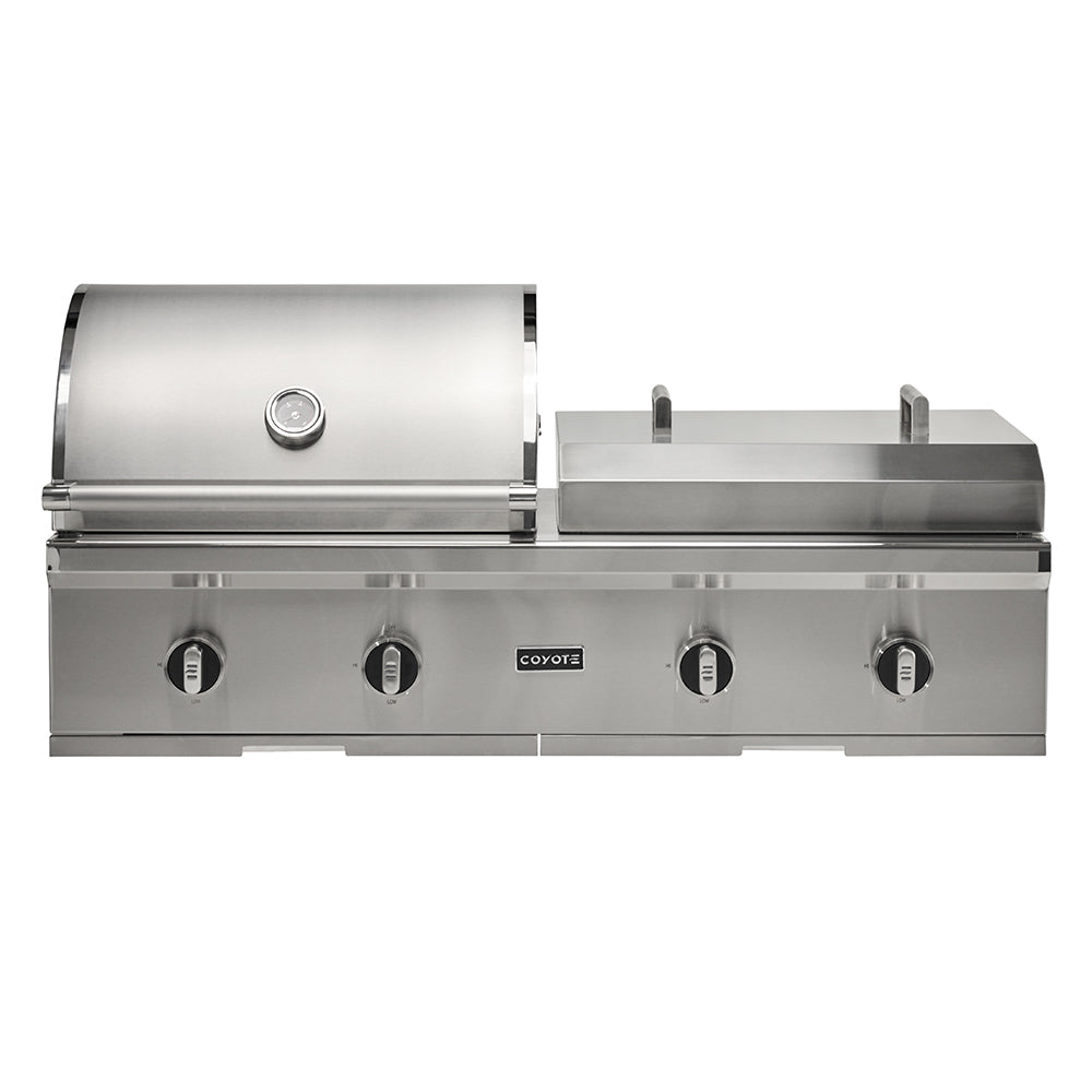 Stainless steel built-in combo gas grill with flat top and control knobs, front view