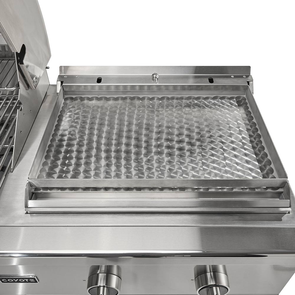 Stainless steel flat top cooking plate with raised texture, open grill body