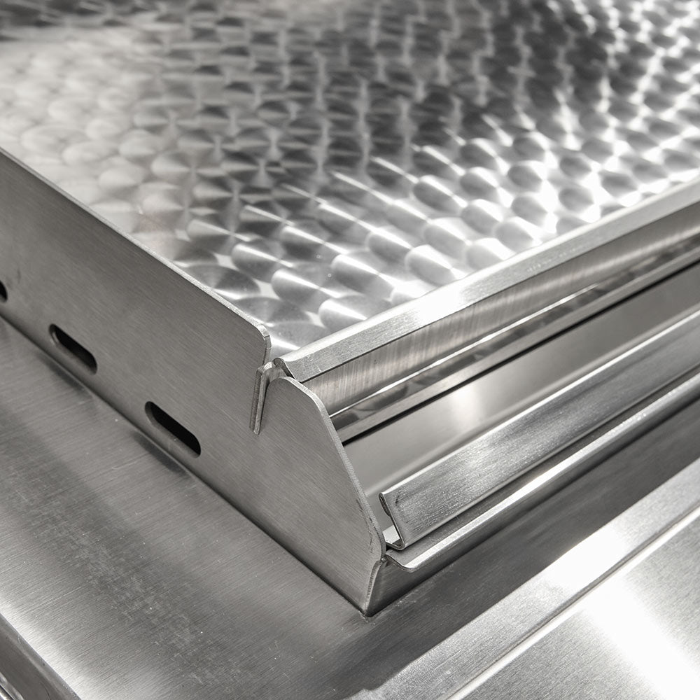 Dimpled stainless steel flat top panel with side rails and support brackets