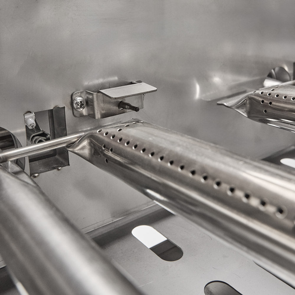 Stainless steel burner tube and mounting hardware inside grill base