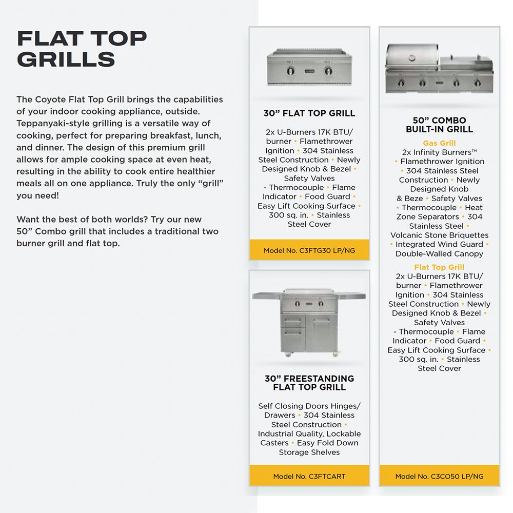 Flat top grills product guide page with 30-inch flat top grill and 50-inch combo specs