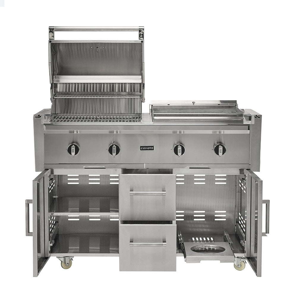 Open stainless steel grill with cooking grates, side burner area, and control panel