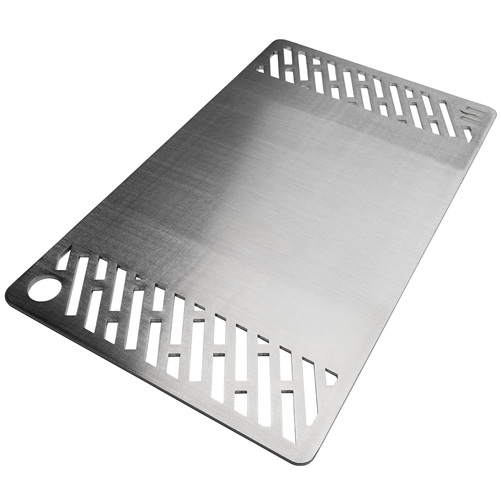 Stainless steel griddle grate insert with open lattice cutouts and round handle holes