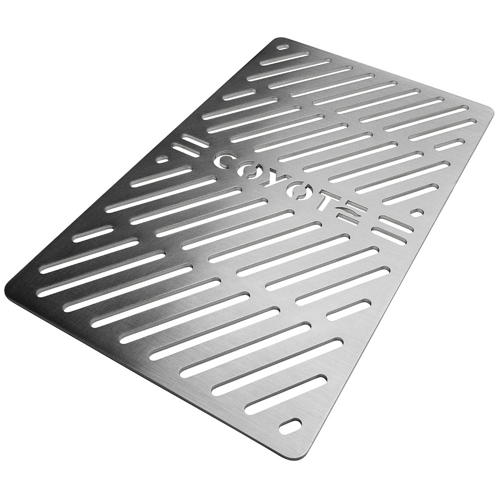 Stainless steel poultry grate with slotted design and Coyote logo, rectangular