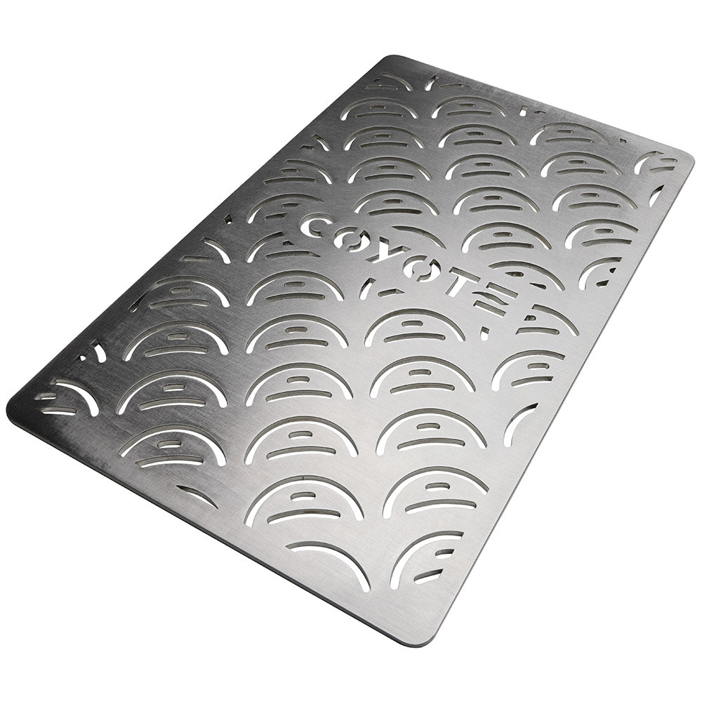 Vegetable grate for gas grill, brushed metal with arched cutout pattern and Coyote logo