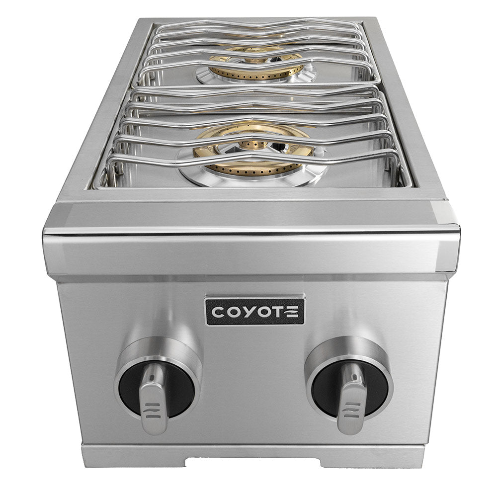 Stainless steel built-in double side burner with two gas burners and control knobs