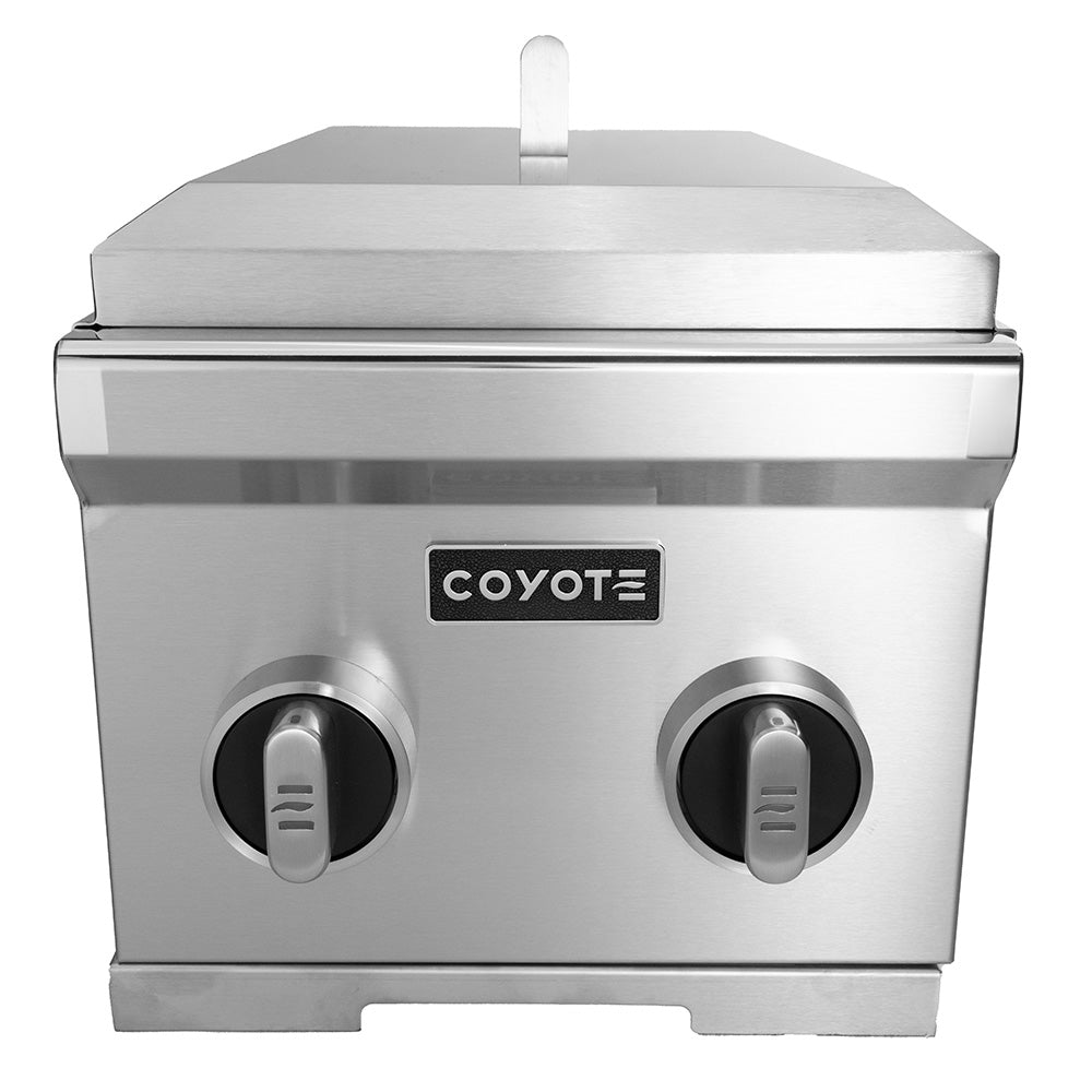 Stainless steel double side burner with two front control knobs and lid handle