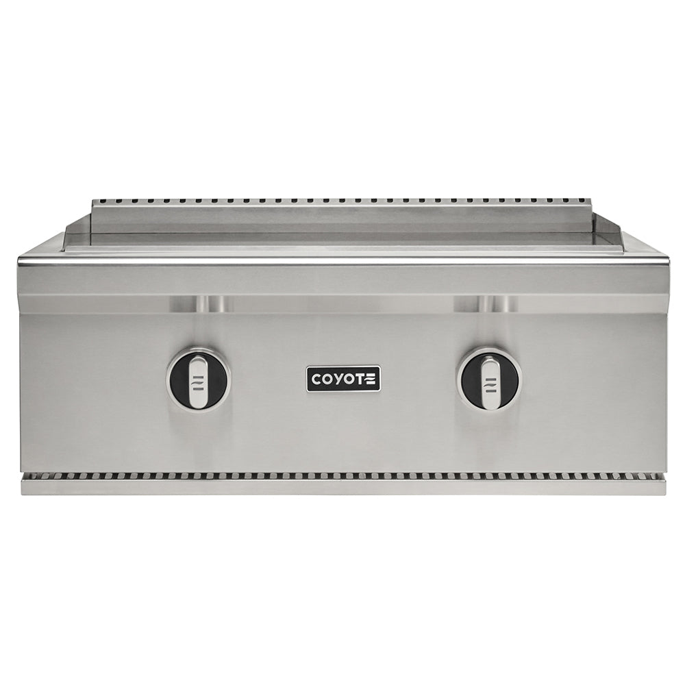 Stainless steel built-in flat top griddle with two control knobs, 30-inch size