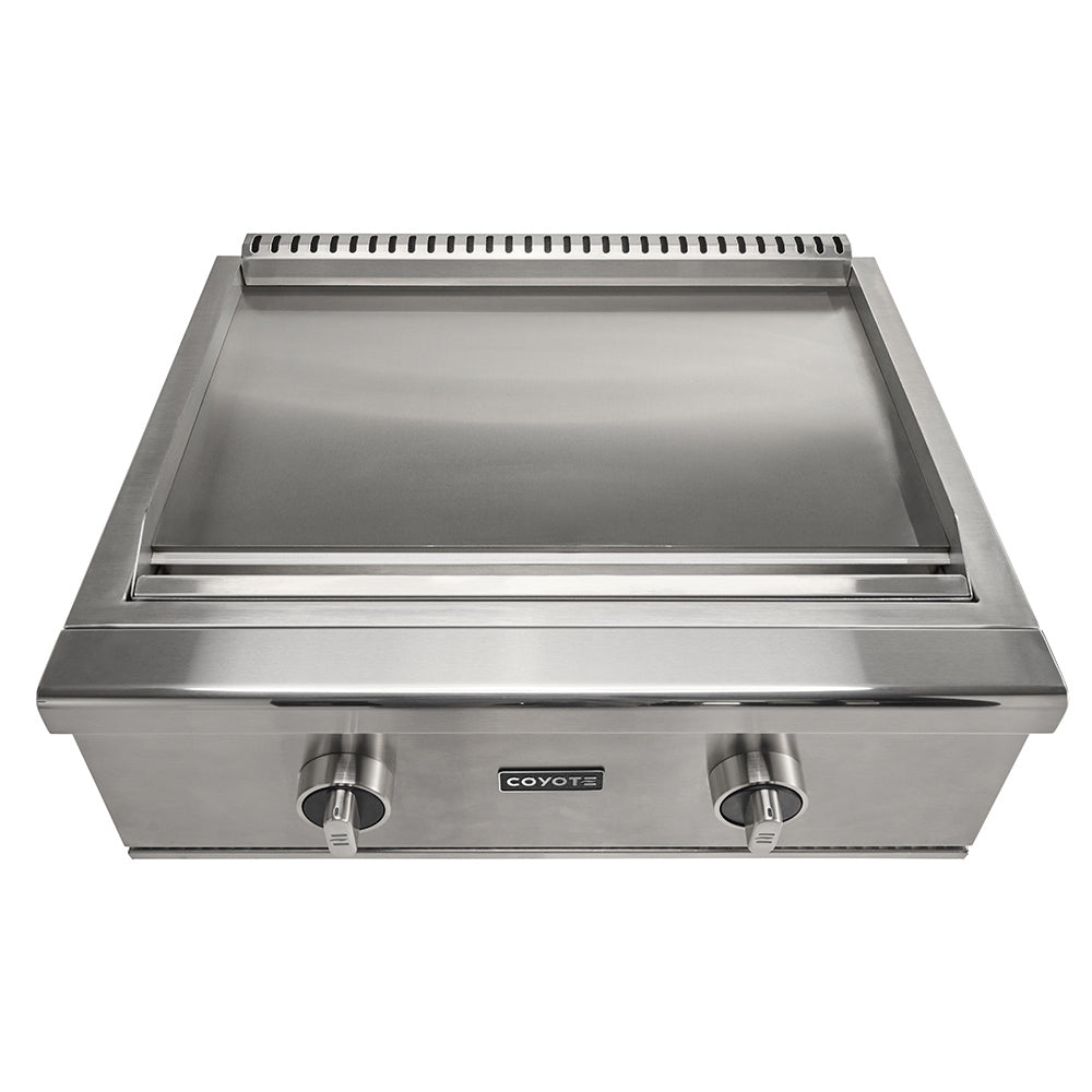 Stainless built-in flat top griddle with rectangular cooking surface and front control knobs