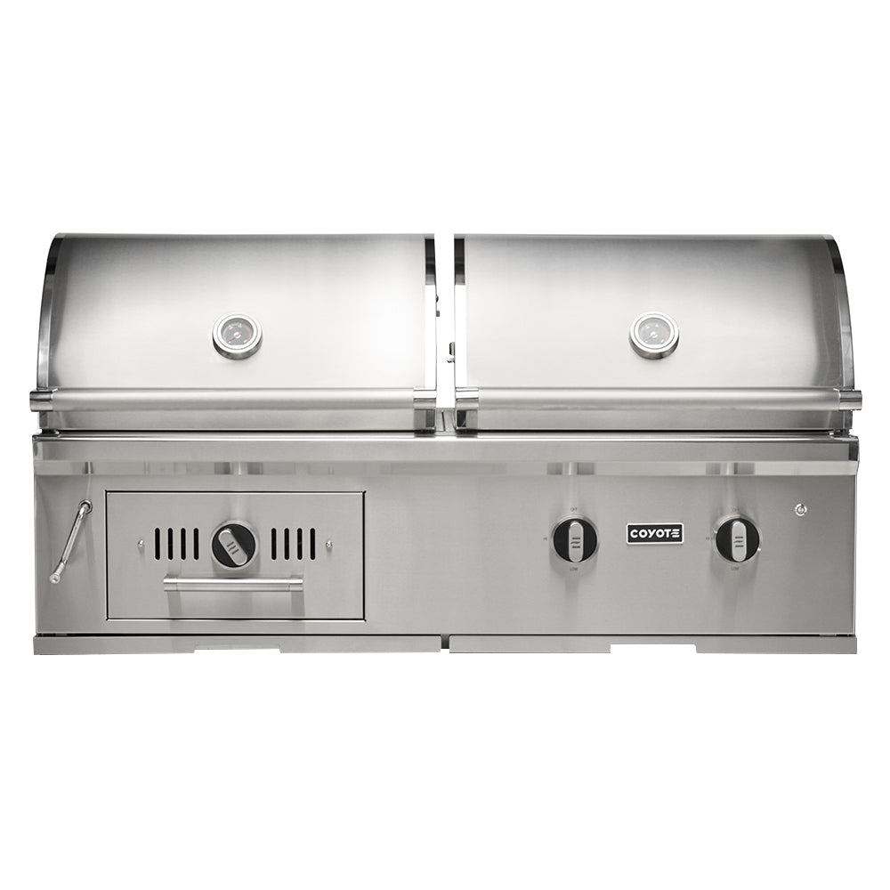 Coyote built-in stainless steel hybrid grill with control knobs and lid vents