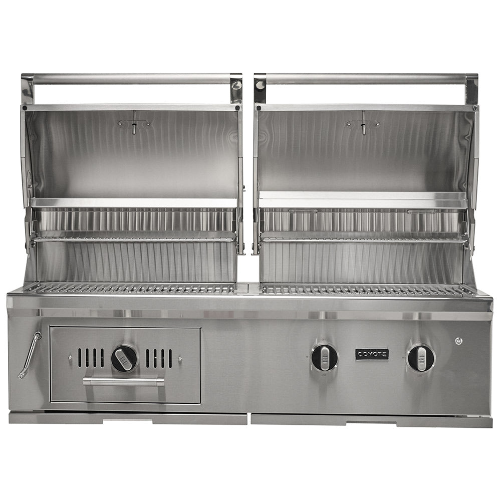 Coyote built-in stainless steel hybrid grill with open hood and dual cooking zones