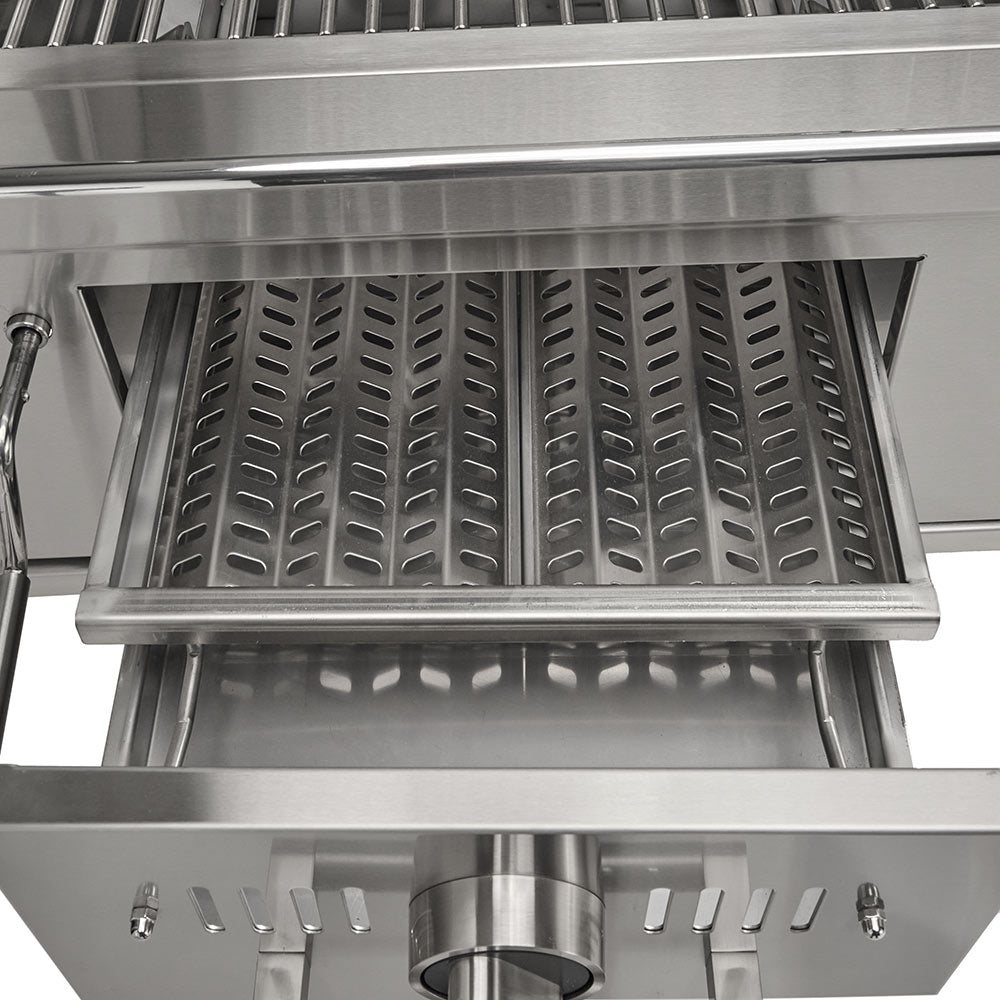 Coyote stainless steel grill firebox with vented panels and burner opening