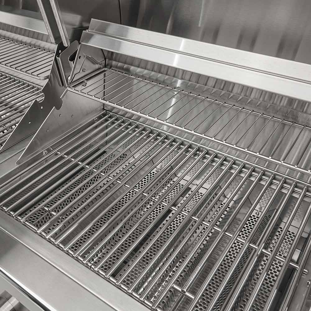 Stainless steel grill cooking grates with hinged heat plate and side controls