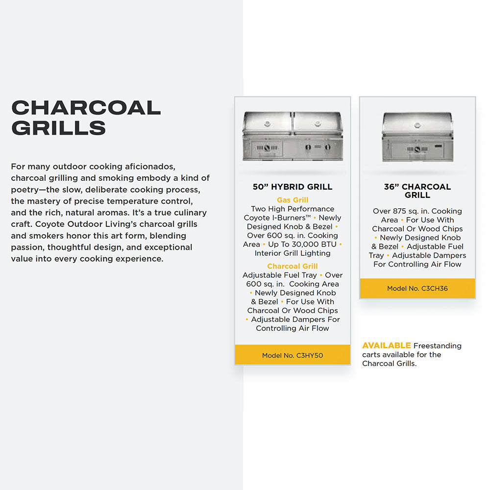 Brochure panel for charcoal grills featuring a 50-inch hybrid grill model