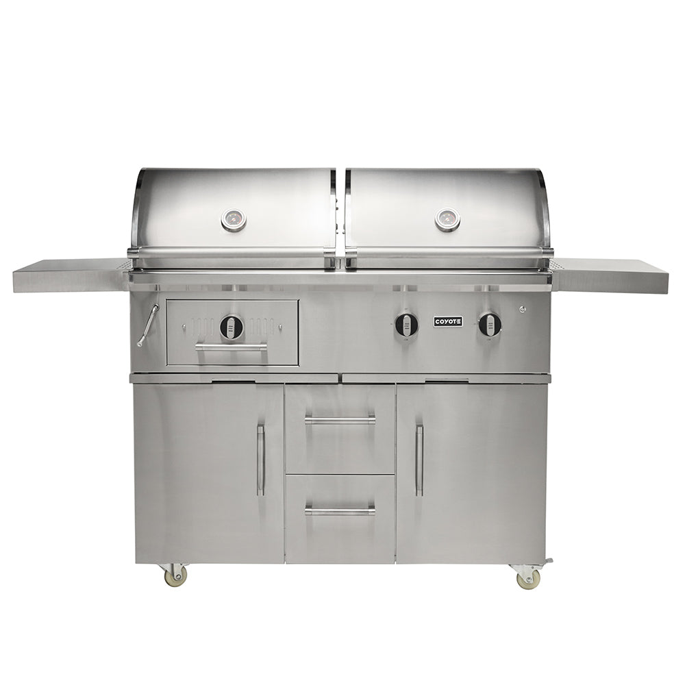 Stainless steel freestanding hybrid gas and charcoal grill with side shelves and knobs