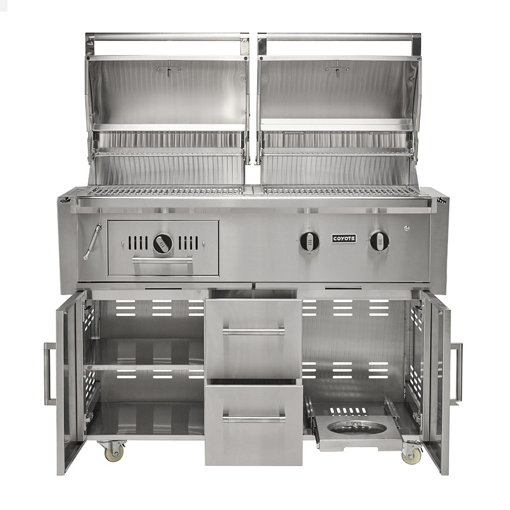 Stainless steel hybrid grill with open hood, cooking grates, and wheel base