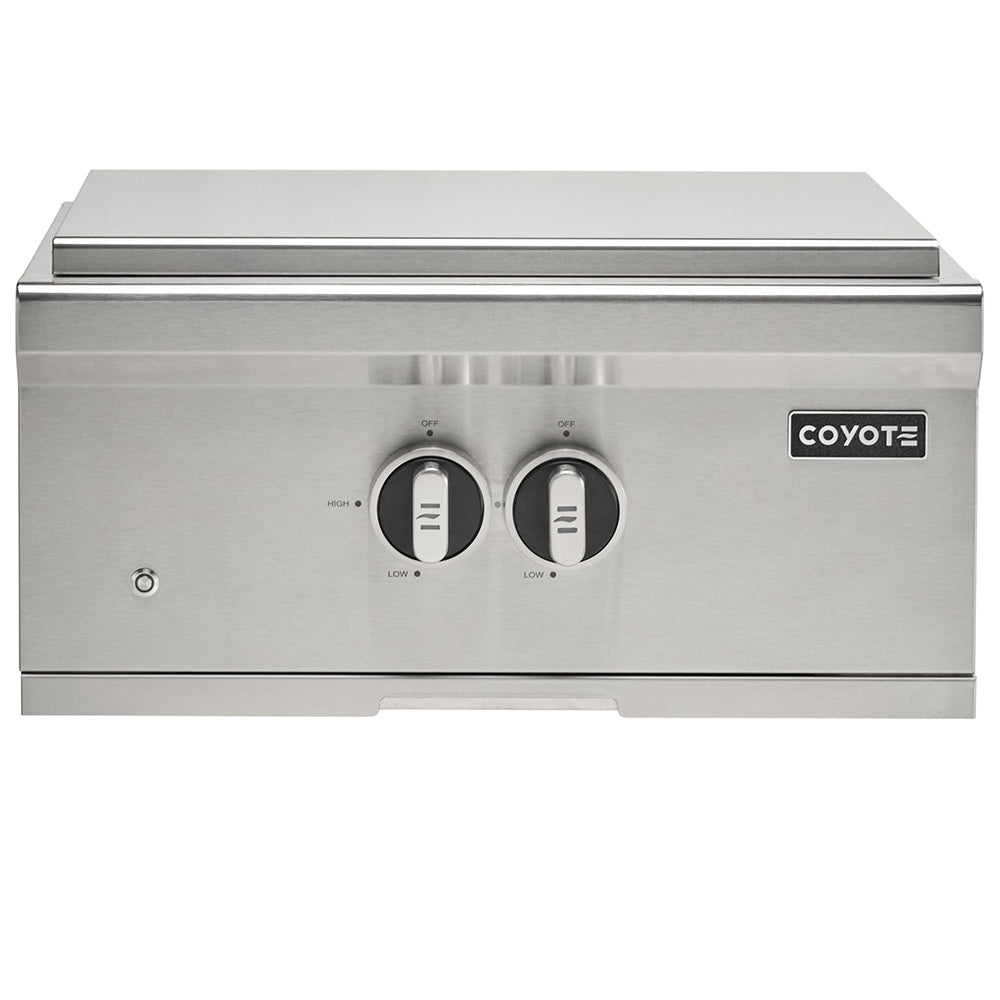 Stainless steel built-in power burner with cover and two control knobs