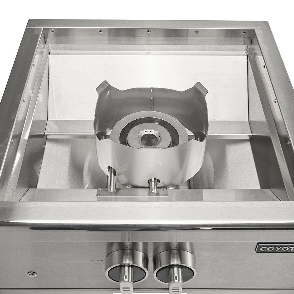 Built-in stainless steel power burner with open housing and two control knobs