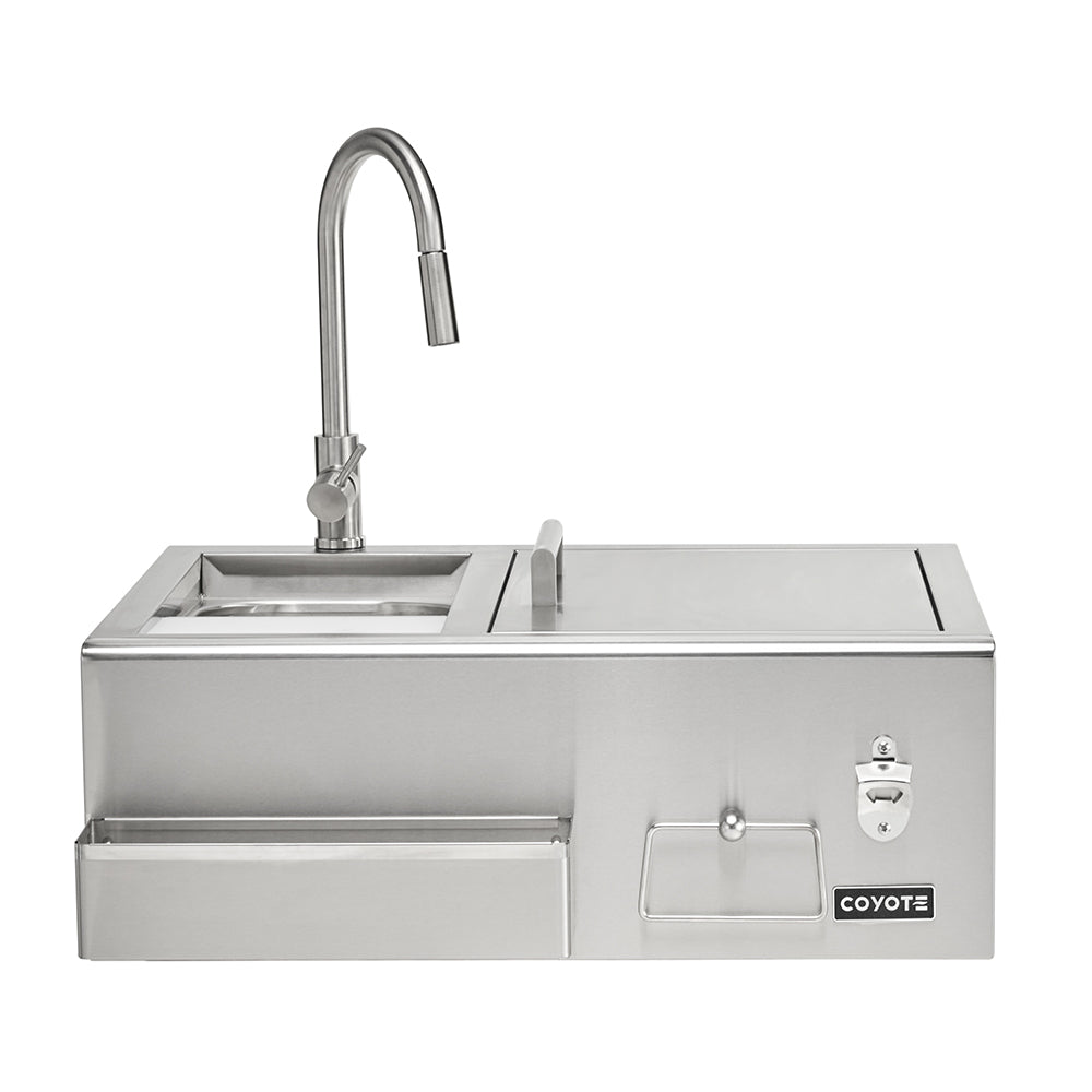 Coyote stainless steel refreshment center with built-in sink and faucet
