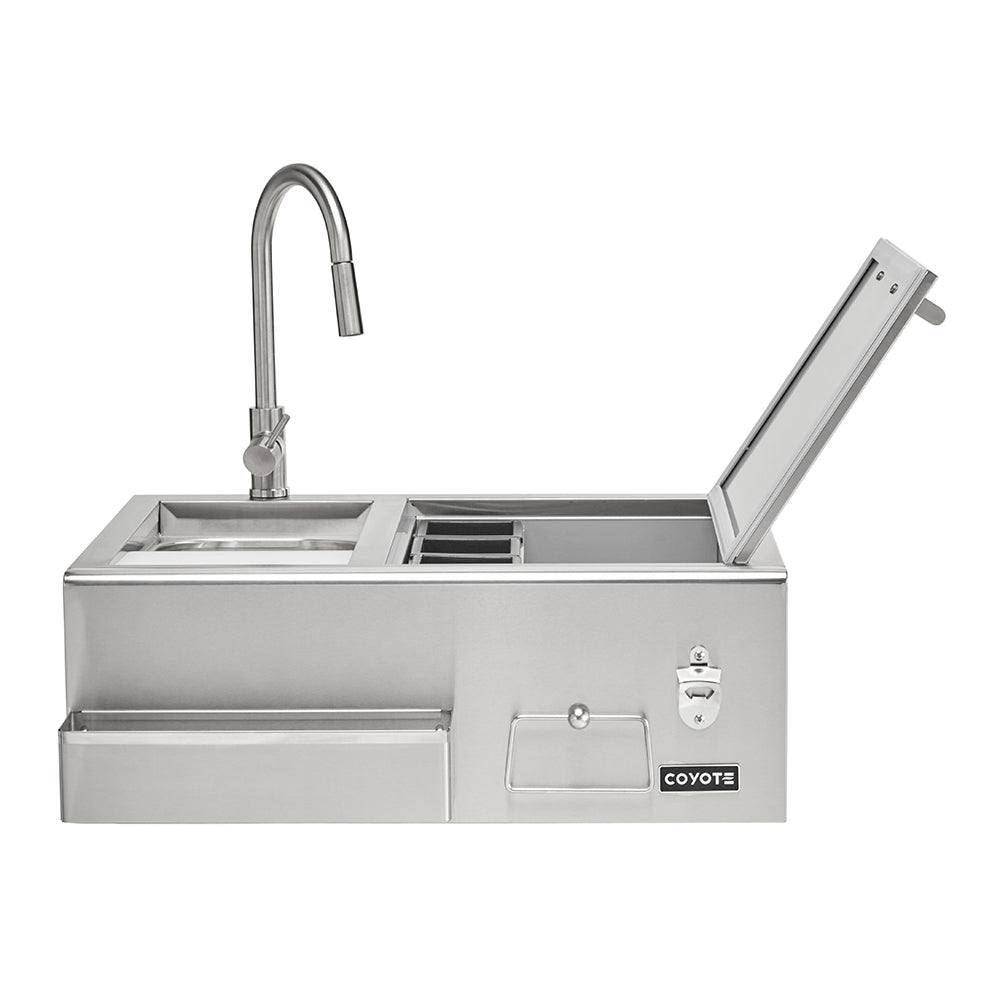 Coyote stainless steel refreshment center with faucet and open lid