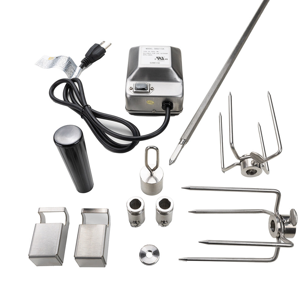 Rotisserie kit motor, spit rod, forks, and mounting parts for gas grills