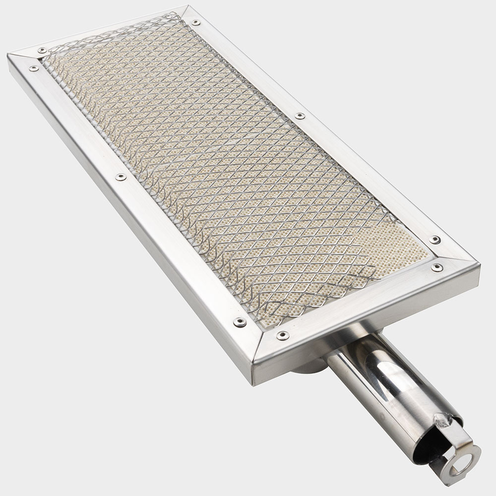 Gas grill sear burner with stainless rectangular mesh tray and ignition tube