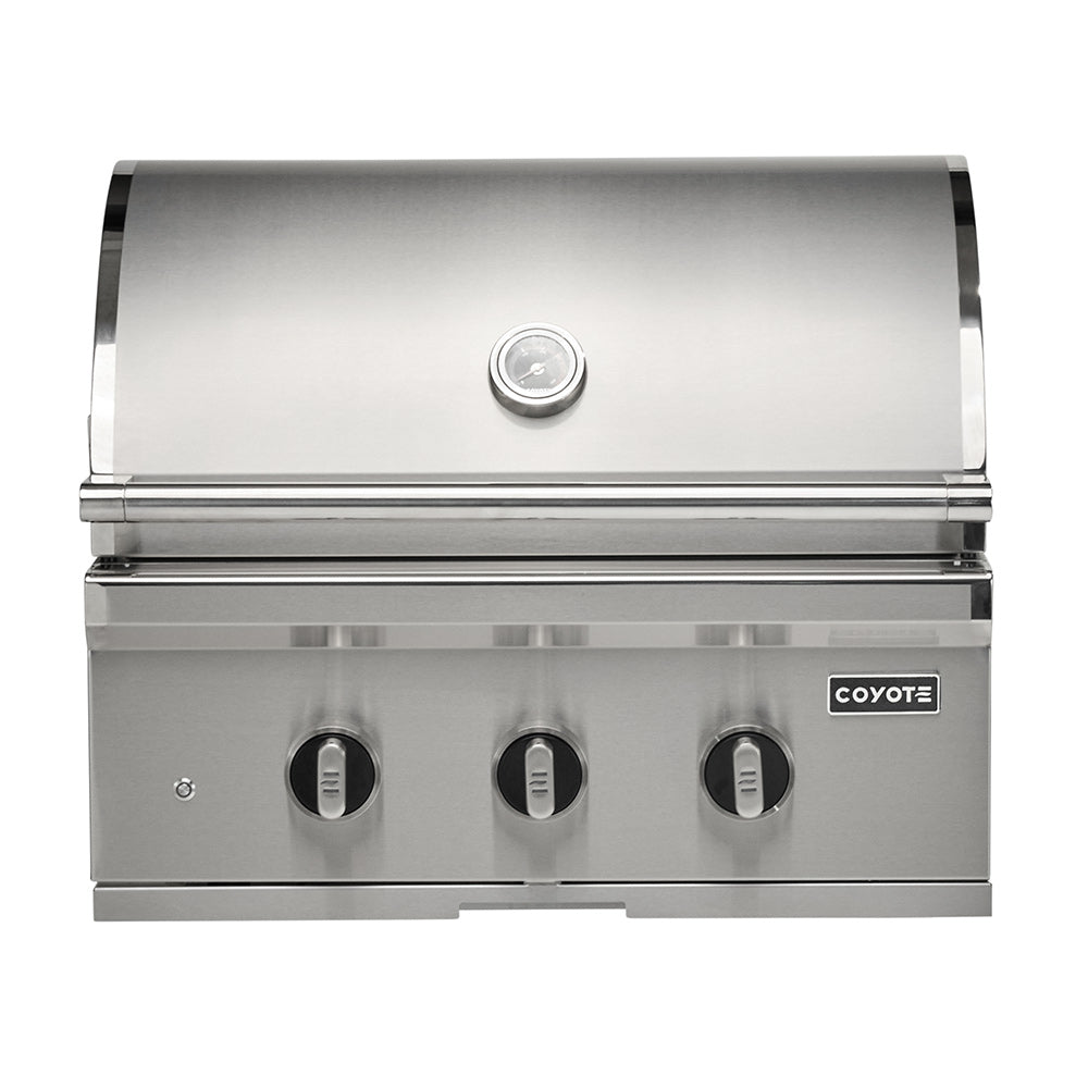 Stainless steel built-in gas grill with closed hood and three control knobs