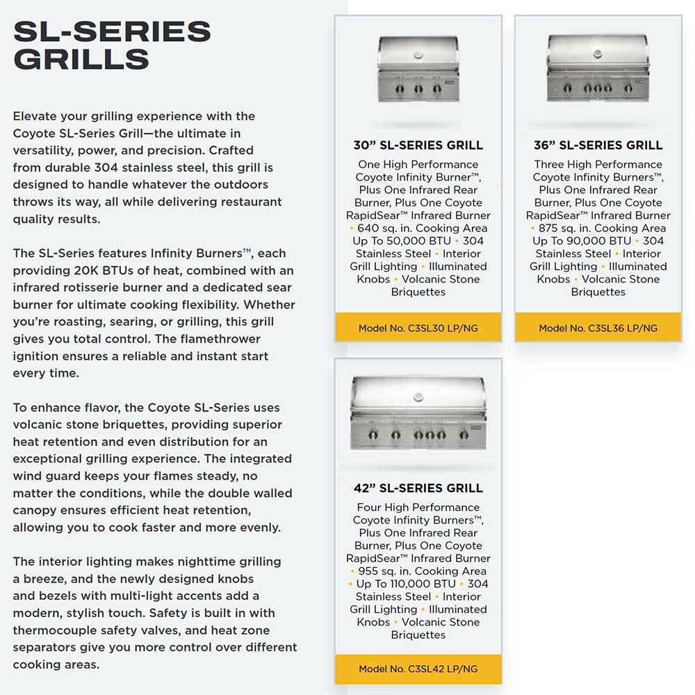 SL-Series grills informational graphic with models and specifications