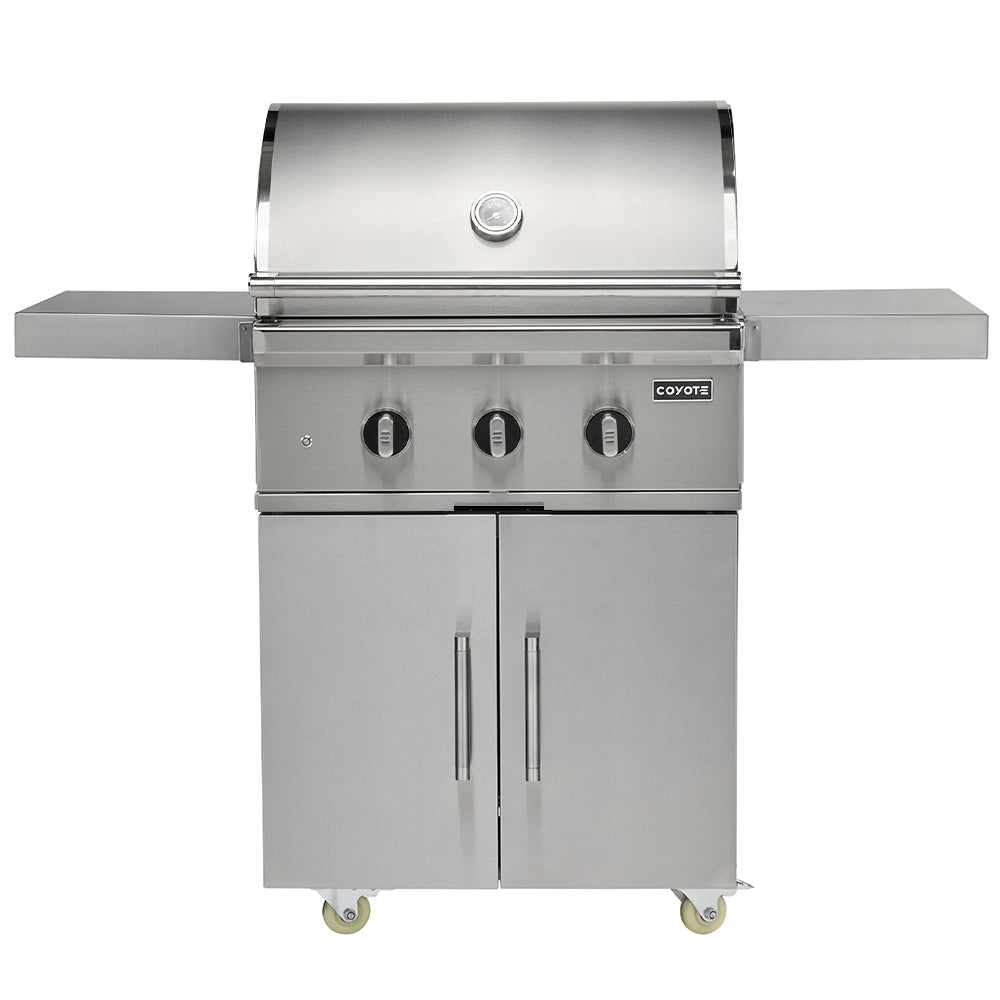 Stainless steel freestanding gas grill with lid, side shelves, and three control knobs