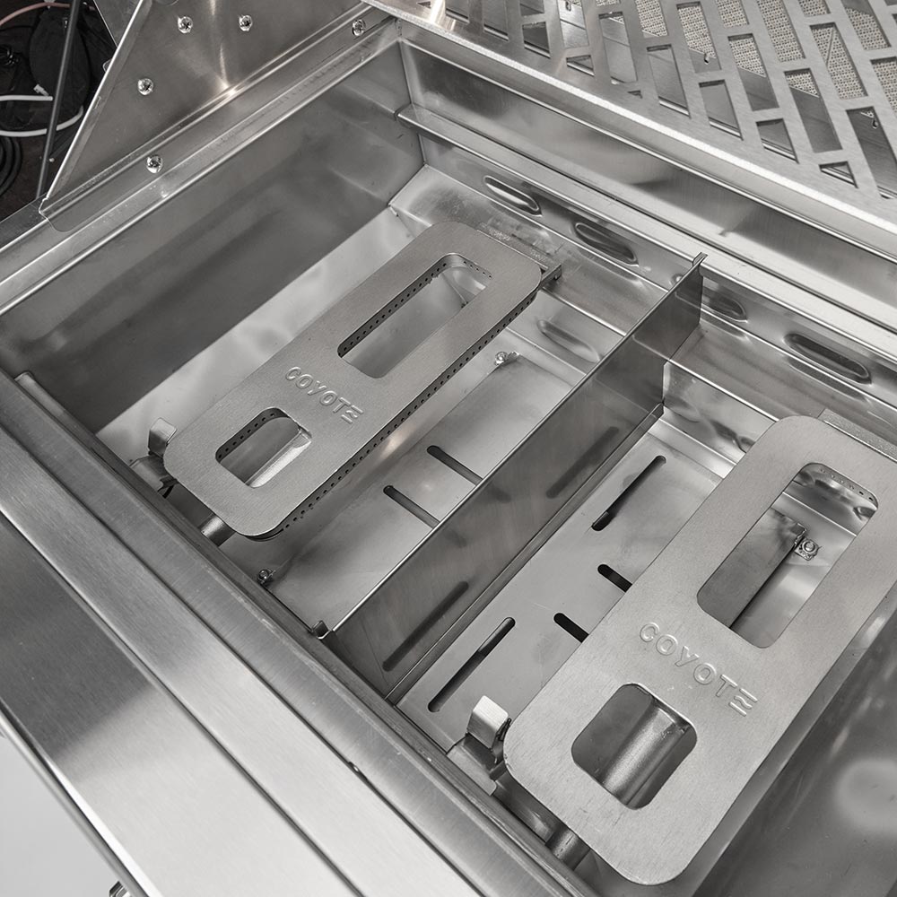Stainless steel grill firebox with removable cooking components and burner trays
