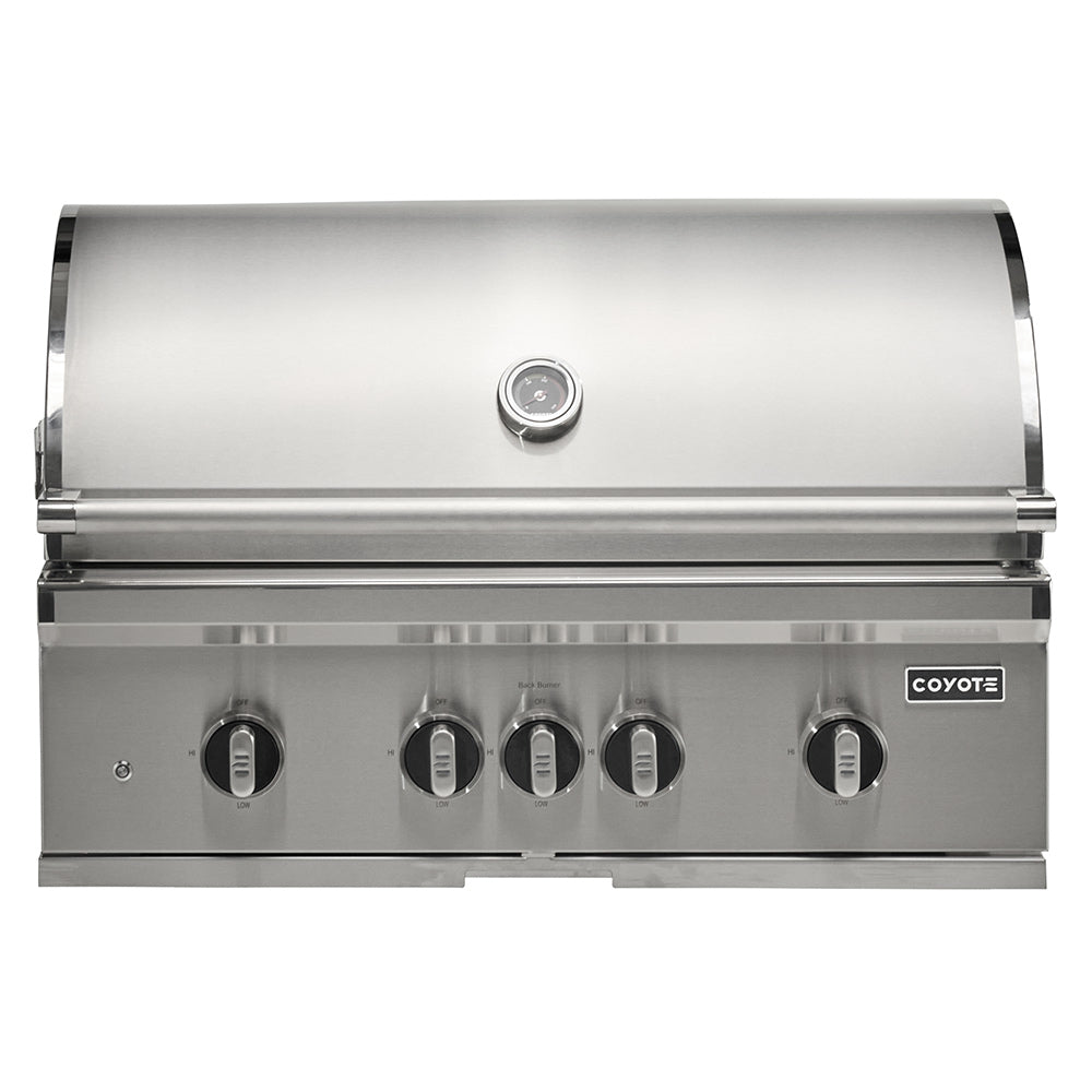 Stainless steel built-in gas grill front panel with control knobs and temperature gauge