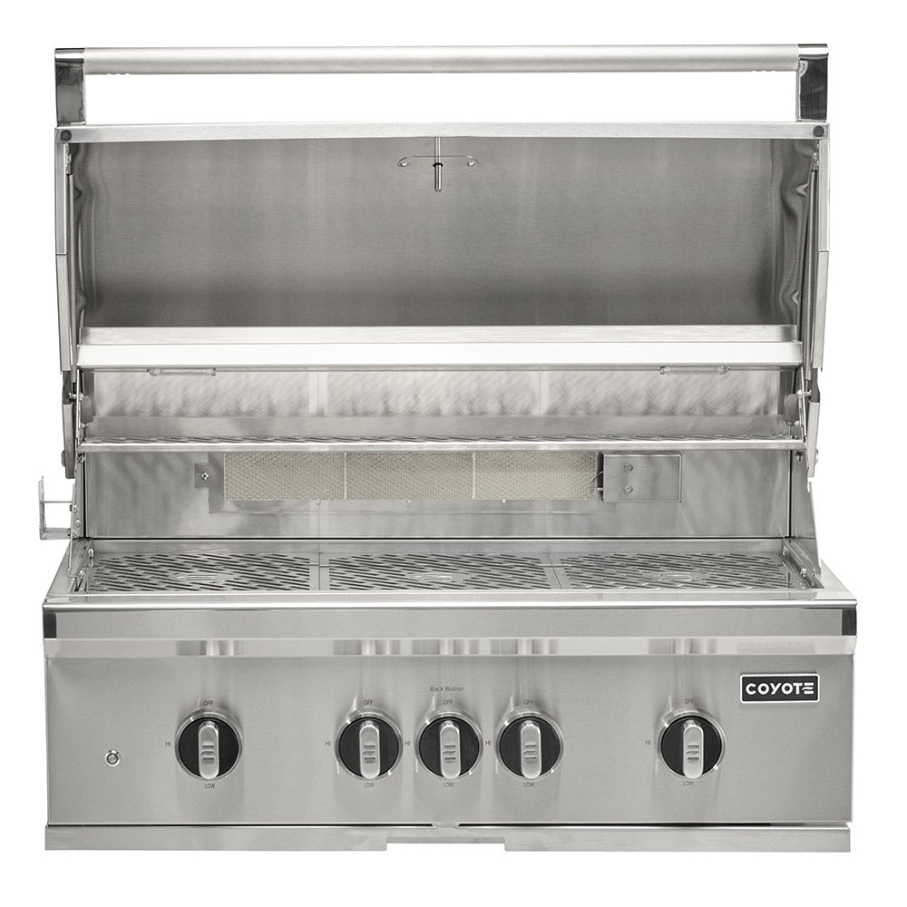 Stainless steel built-in gas grill with lid open, showing burners and cooking grates