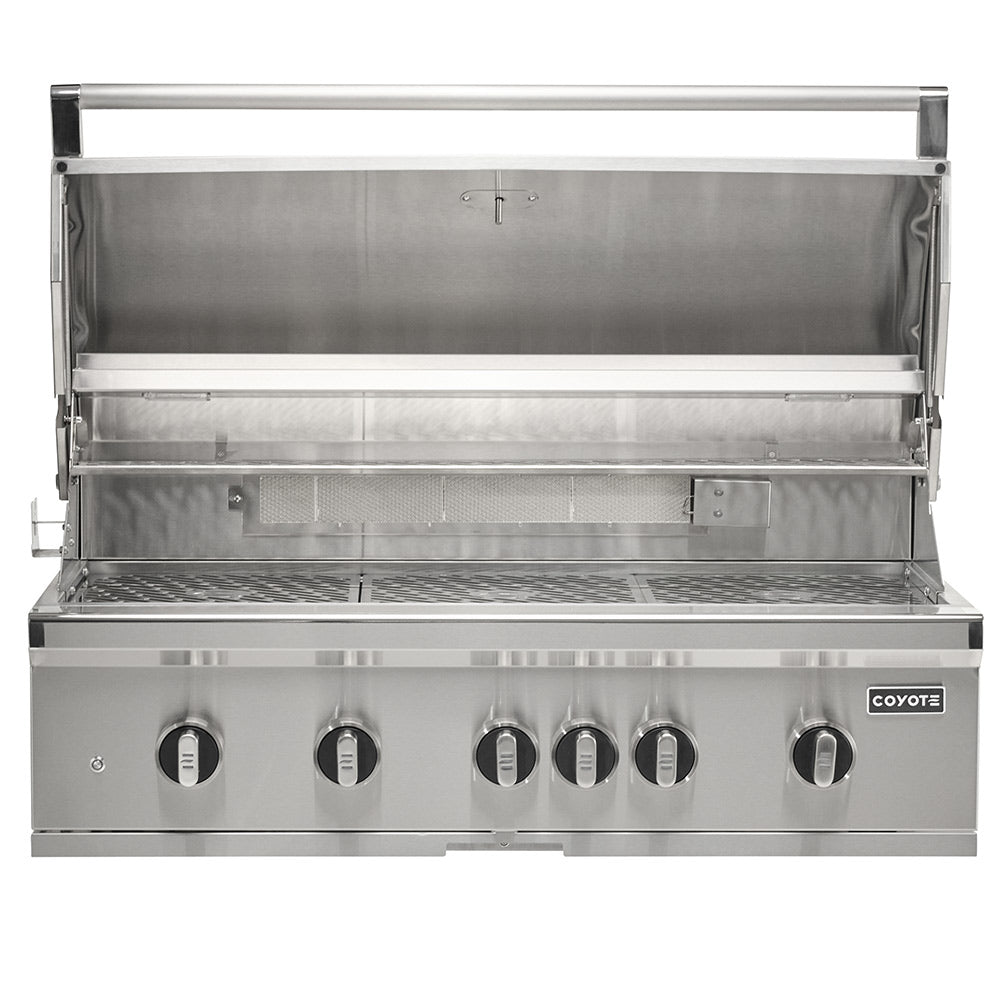 Built-in stainless steel gas grill with lid open, burners and drip tray visible