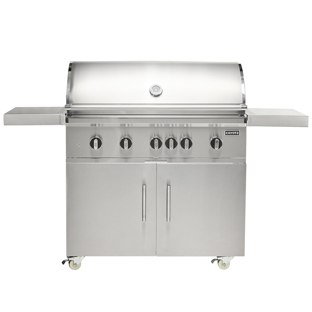 Stainless steel freestanding gas grill with four burner knobs and side shelf