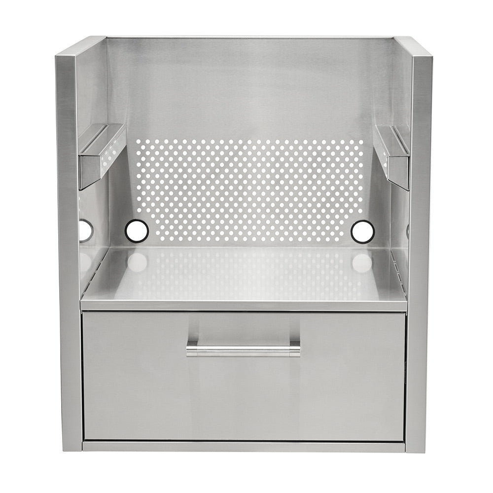 Stainless steel insulating jacket with front drawer and perforated heat shield panel