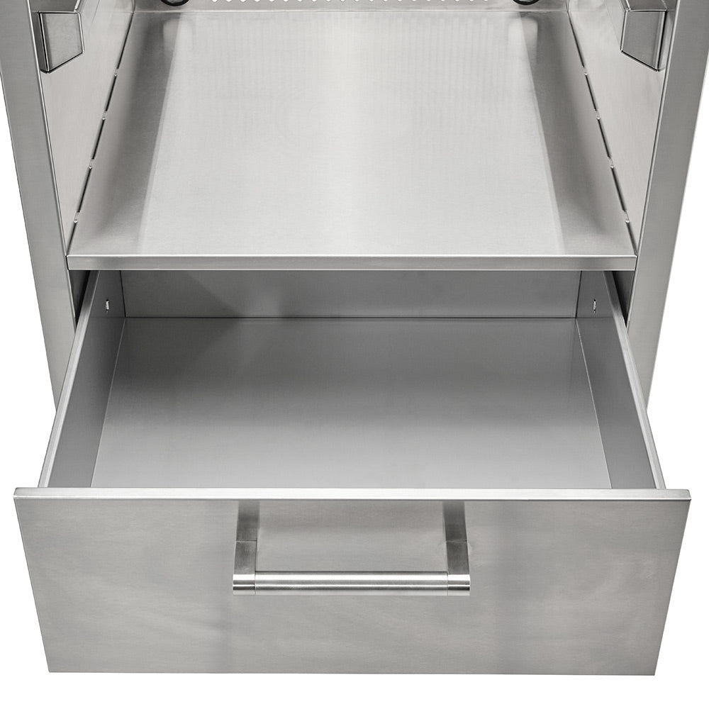 Stainless steel insulating jacket with open interior tray and centered drawer handle