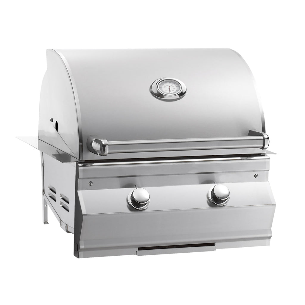 Stainless steel built-in gas grill with lid thermometer and front control knobs