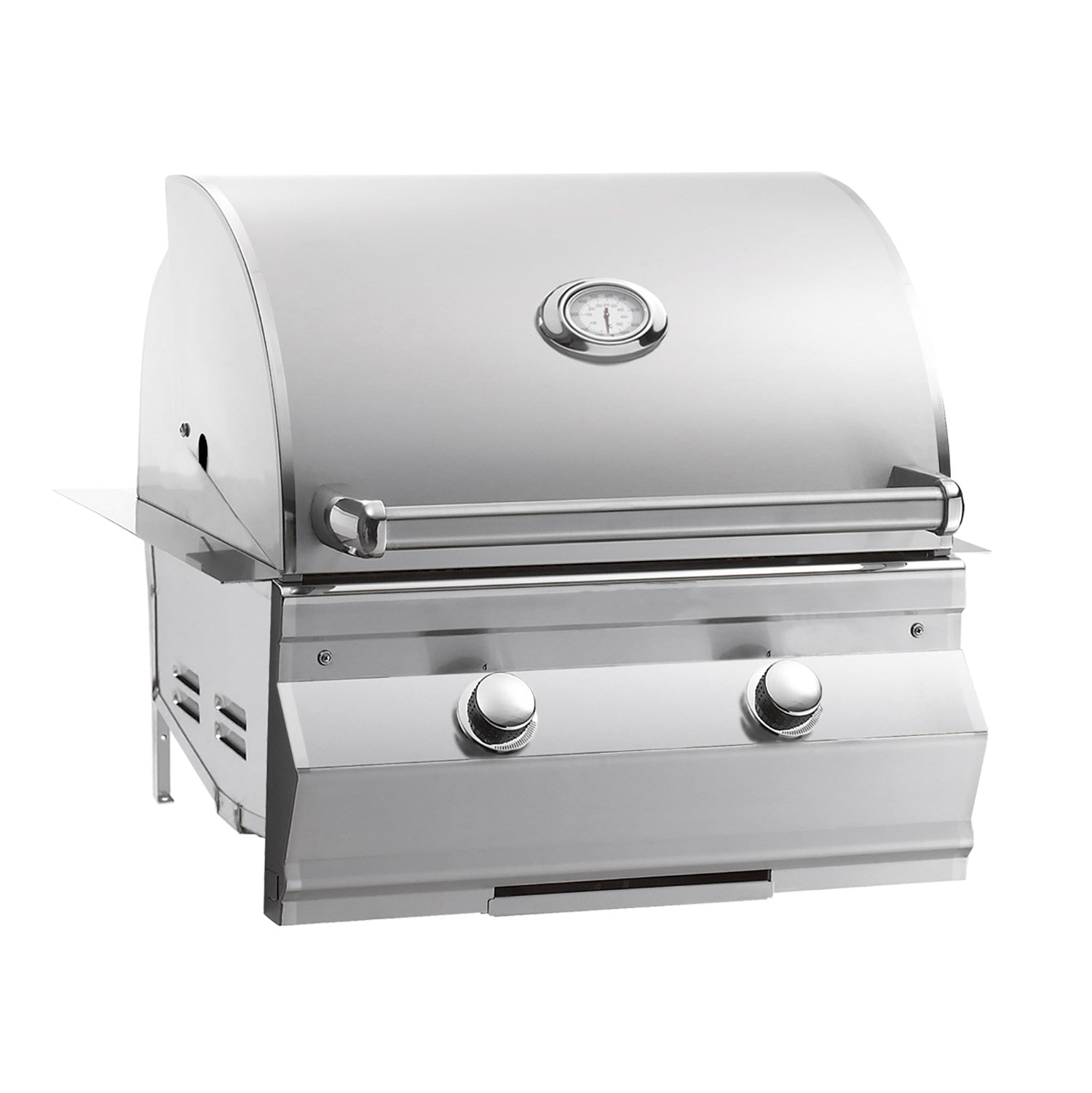 Stainless steel built-in gas grill with lid thermometer and front control knobs
