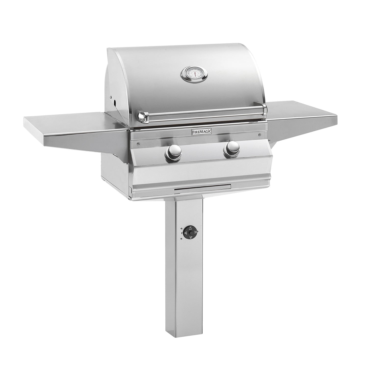 Stainless gas grill with lid, two control knobs, and side shelves on post mount