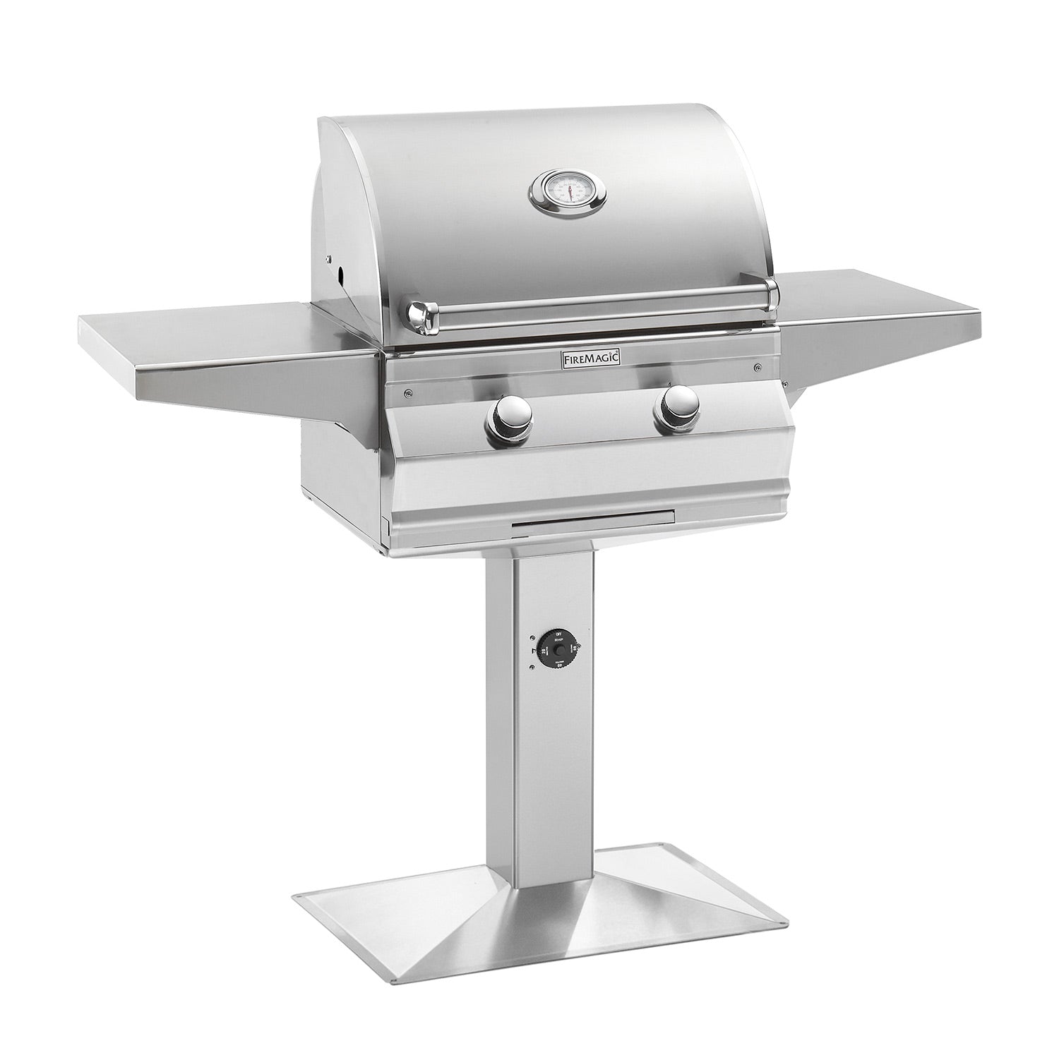 Stainless steel gas grill with lid, control knobs, and side shelves on base post